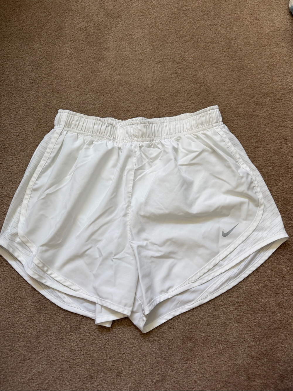 Nike Women's White Athletic Running Shorts with Gray Swoosh